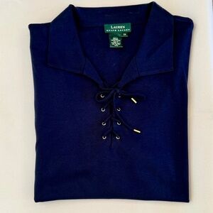 Lauren Ralph Lauren Navy Blue Collared Corset Tie Short Sleeve Cotton Size: 3X